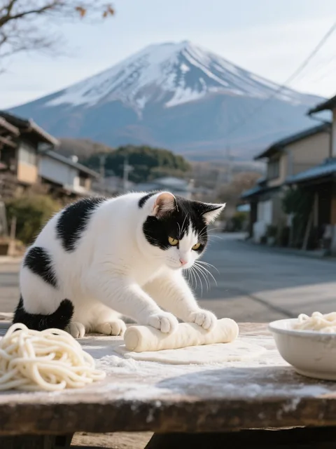 うどんを作るハチワレ猫