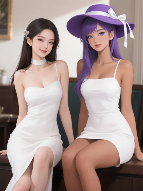 白い肌と日焼けした肌の色っぽい成年女性がふたり並ぶ