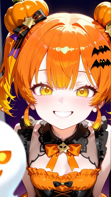 ハロウィンのかぼちゃのおばけを擬人化した少女、鮮やかな橙色のツインテール、金色の大きな瞳、髪飾りは小さなかぼちゃ、黒と橙…