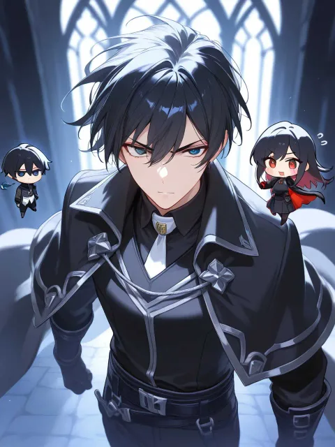 闇の世界に生きる2頭身ちびキャラ男性、ちびキャラ男子、黒装束