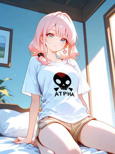 薄紅色の花が咲き乱れている原っぱ、白Tシャツの女の子