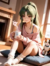 肩出しセーター娘がニャンコとひと休み…緑