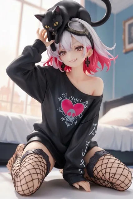 オーバーサイズのトレーナーで…パンク娘と黒ニャンコ…フィギュア…白