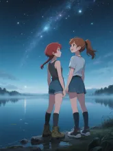 双子と湖面と満天の星空