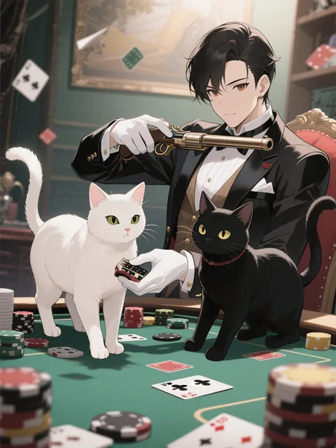 一発狙うギャンブラー 白猫と黒猫 - 画像生成チャレンジ