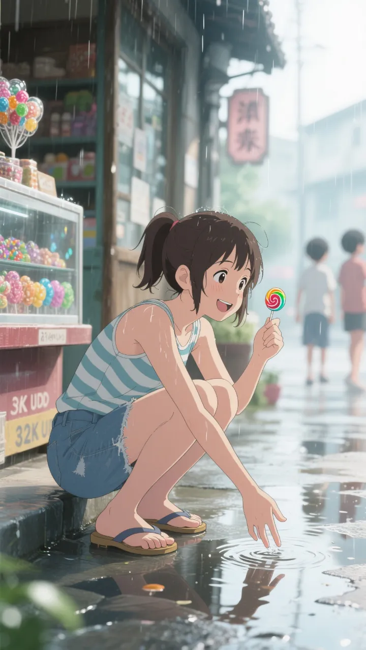 雨上がり、駄菓子屋の前で