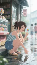 雨上がり、駄菓子屋の前で
