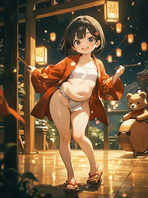 短い黒髪おかっぱ頭の幼稚園の女の子、全体的にぽっちゃりした体