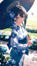 紫陽花の小径を歩く女性