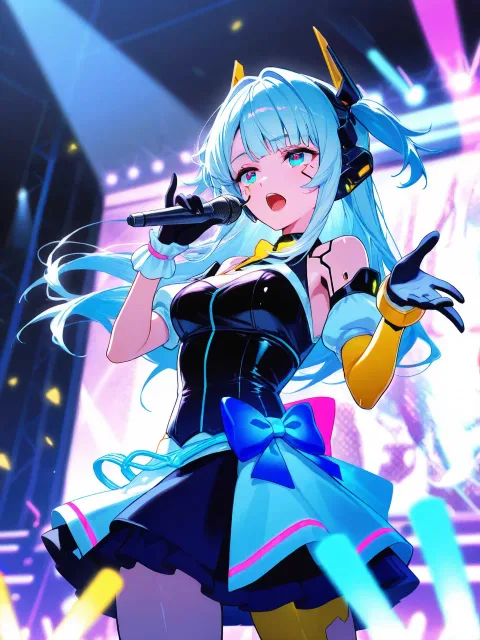 サイバーパンク、アイドルの服、ネオン、ライブ会場 - 蒸気 vs 電脳