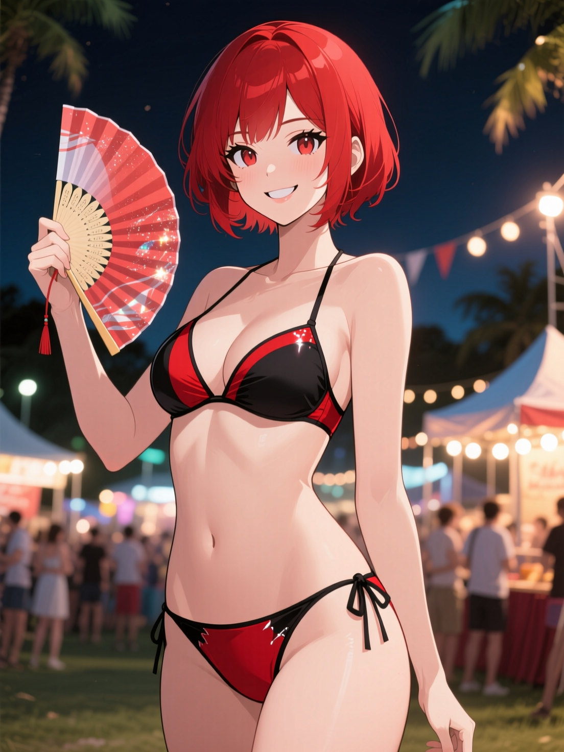 赤黒配色ビキニ水着でうちわを持つ美女、艶やかな笑み - SUPPART