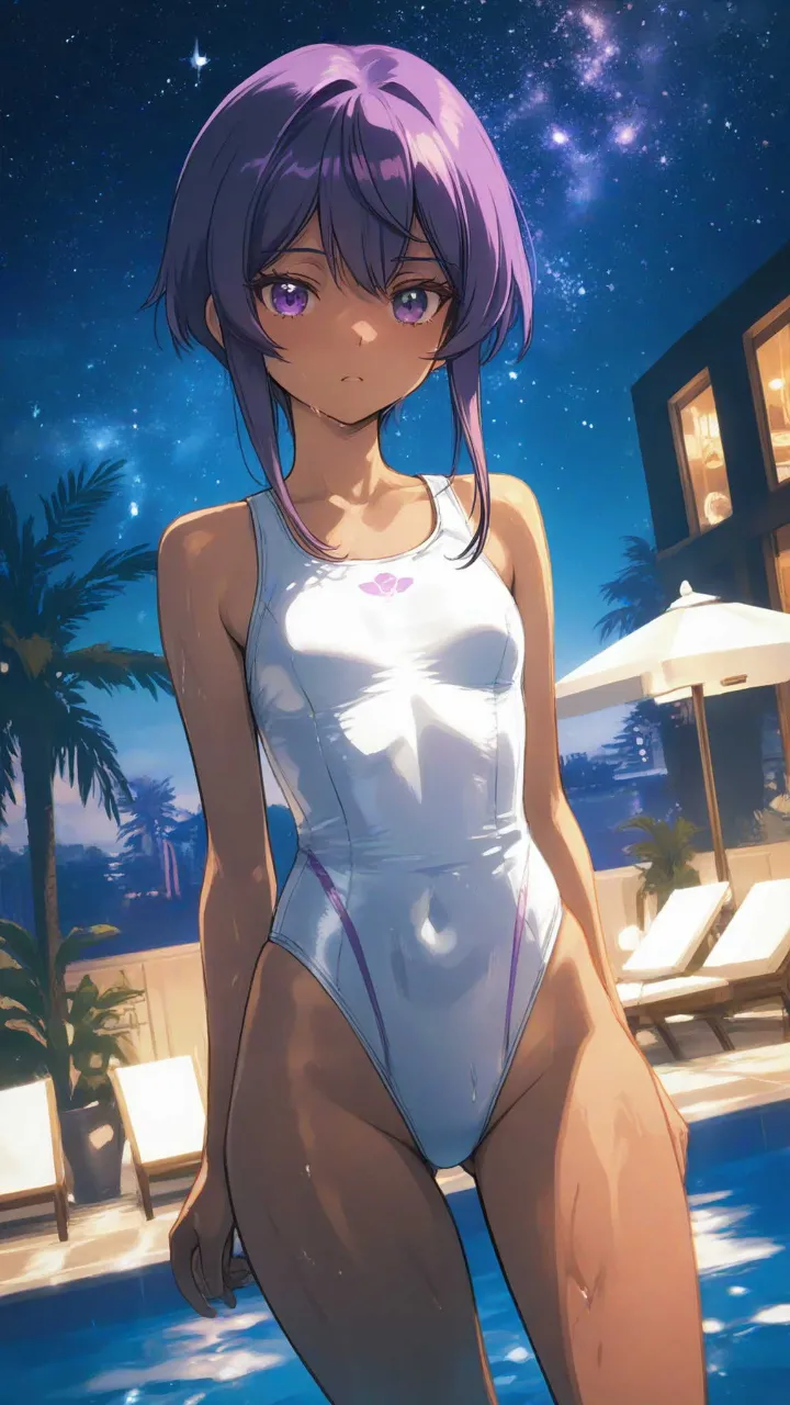 紫の彼女、競泳水着