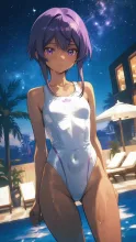 紫の彼女、競泳水着