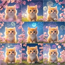 9コマの絵、子猫、花火、桜満開 🐱🌸