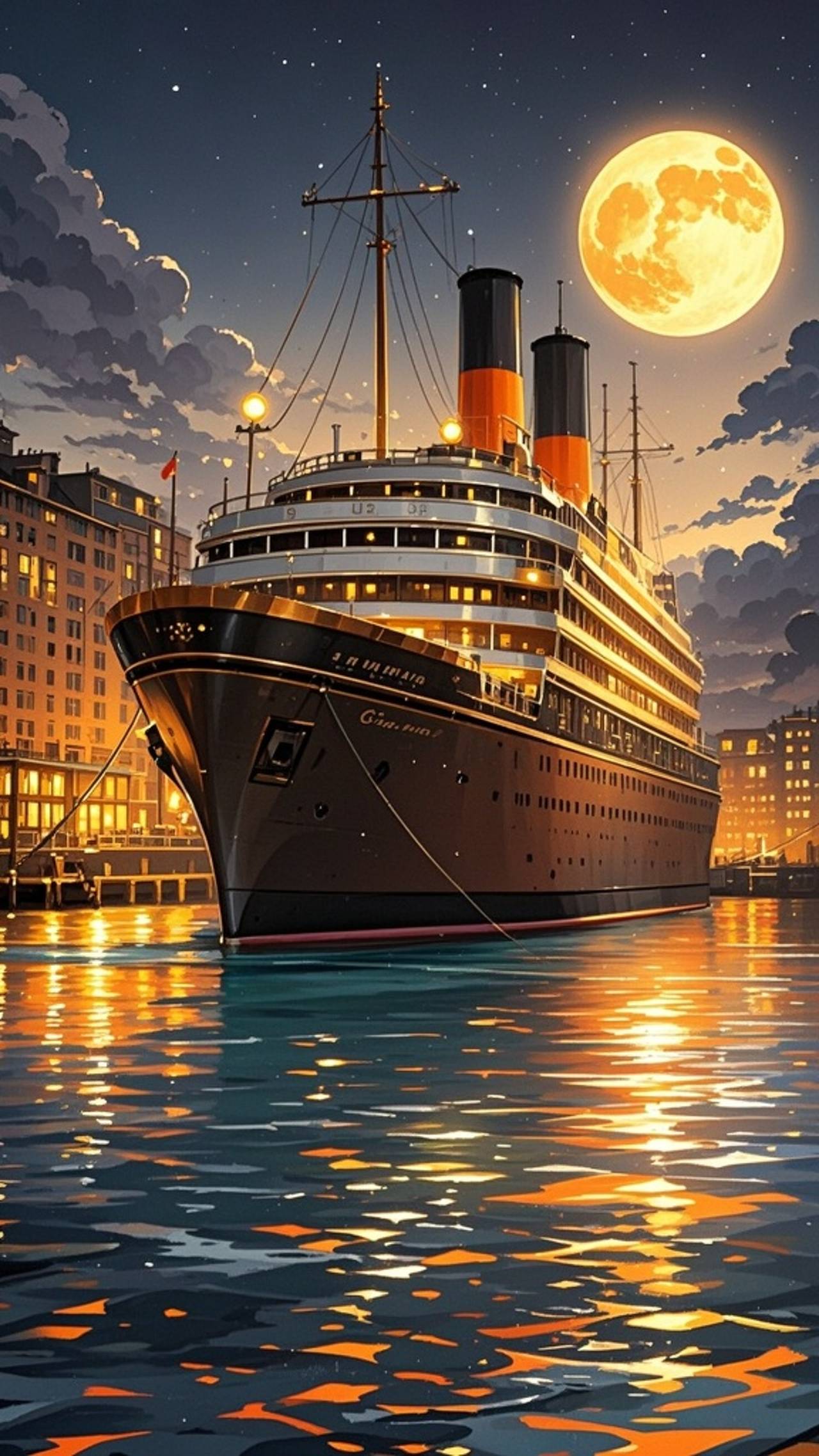 Luxury Bahamas Cruise Ship Entering Harbour at Moonlit Night
