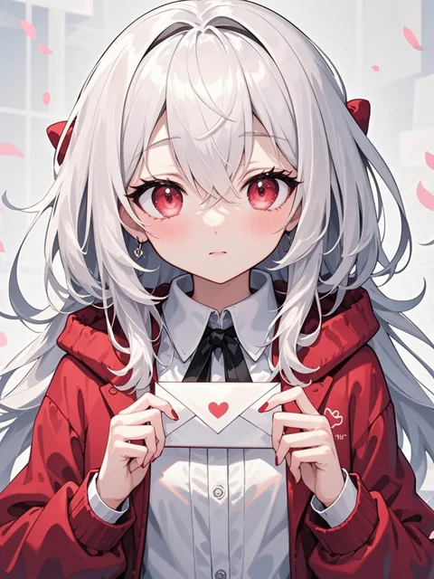 ラブレターをもった白い髪の少女、手が寒くて少し赤くなっている