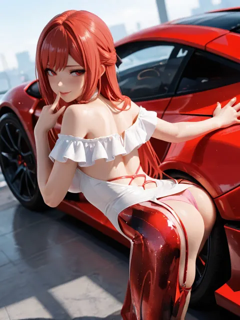 真紅の車とお姉さん