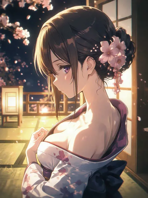 はだけた振袖、うなじ、夜桜の和室、上半身、谷間伏し目がち