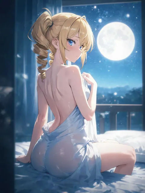 官能的な女の子、夜の寝室、backless、金髪碧眼 - 背中全部