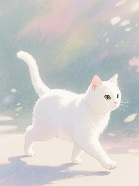 走る白猫のシロちゃん - 画像生成チャレンジ