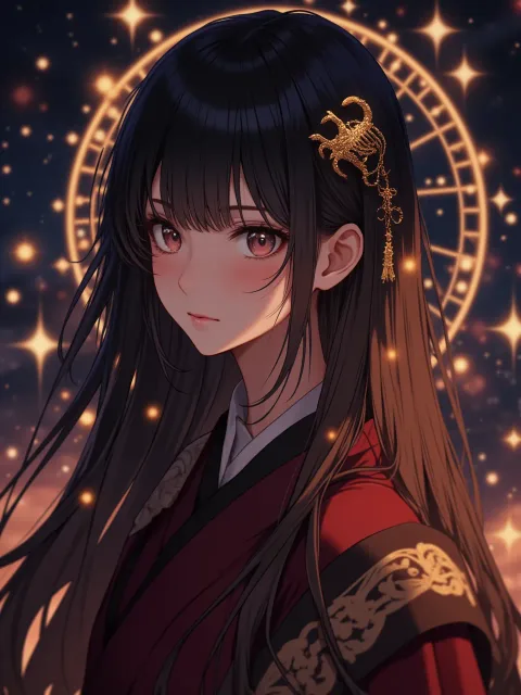 きちんとした服装、蠍座をイメージした深紅と黒の衣装の成年女性