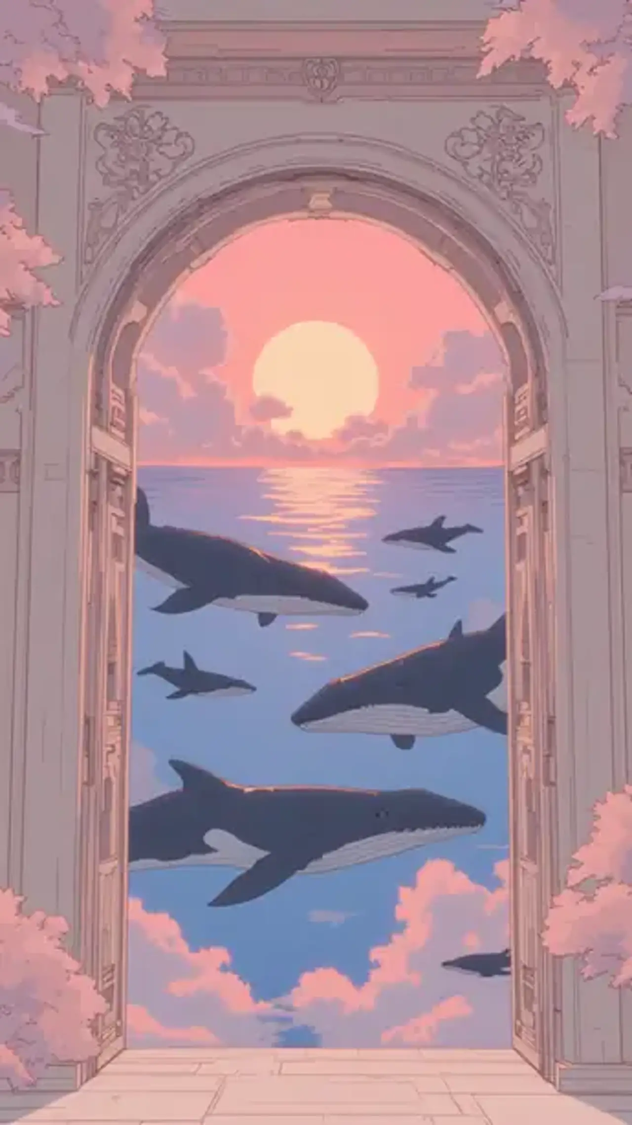 "As shadowy whales glide through pink-blue twilight clouds,…
