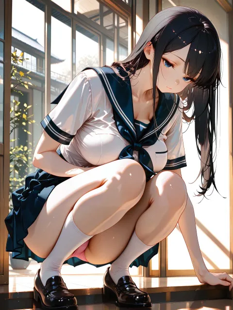 凛とした女性、ロングヘア巨乳、大きい胸 - しゃがむ
