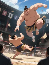 土俵際で小さな力士が大きな力士をうっちゃりで負かした