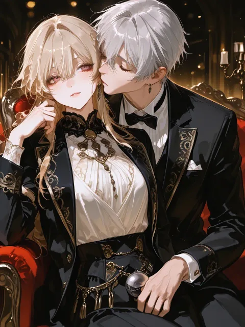 仮面舞踏会、黒と赤のタキシード、ブロンド髪の女の頬にキスする