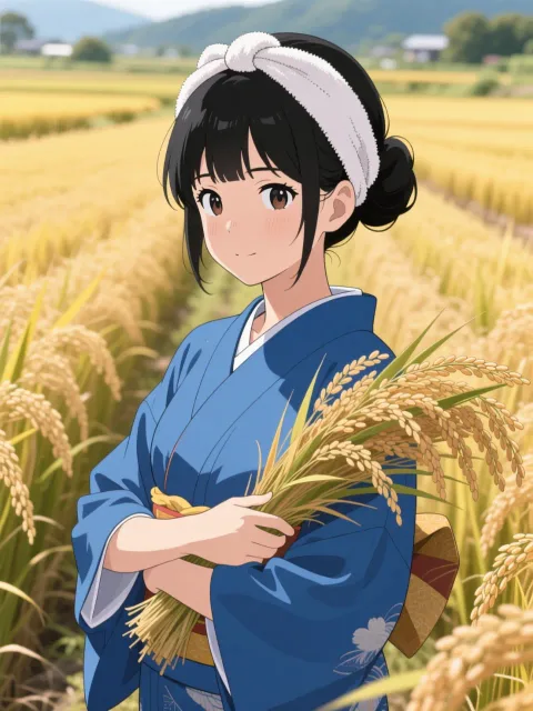 藍の作務衣を着て黒髪を手ぬぐいで姉さん被りにした日本人の少女
