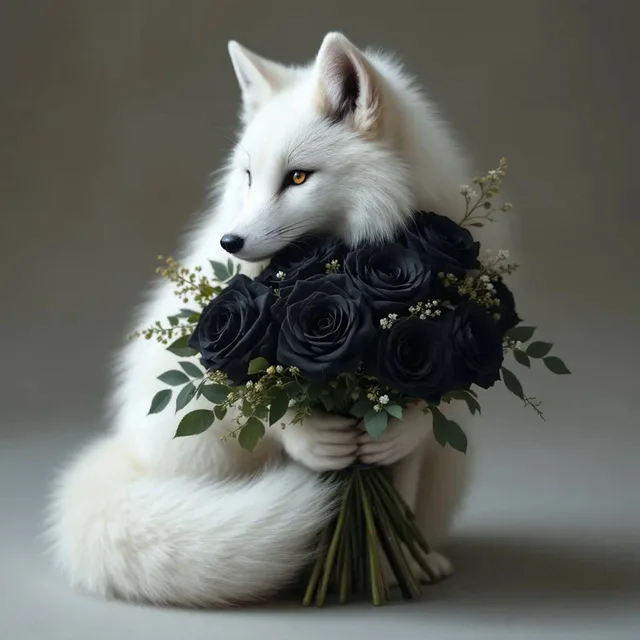 黒いバラの花束と白狐