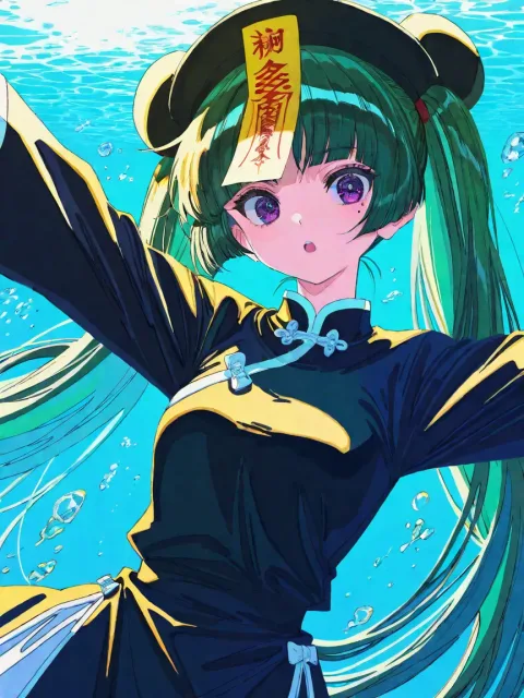 緑のツインテールと紫の瞳の少女、黒い道士帽、涙ぼくろ