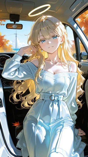 秋の連休、海沿いの道路を走る車、助手席から外を眺める女性、秋色のカジュアルコーデ、開いた窓から入る風、青い海と広い空、自…