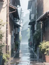 静かに雨音が響く路地