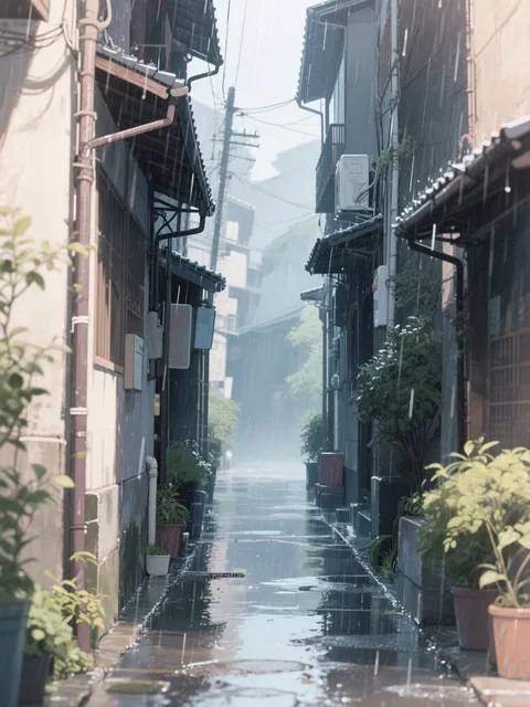 静かに雨音が響く路地