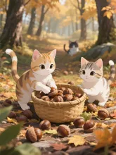 栗拾いだにゃん🐱🐱🐱🌰 — かずPさんのAIイラスト