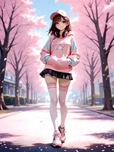 パーカー娘と桜並木…桃