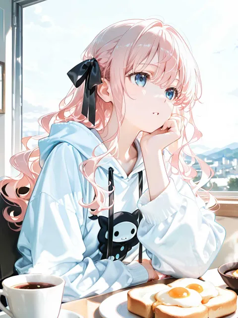 アニメ美少女、ふんわり系、ピンクウェーブヘア、黒色リボン