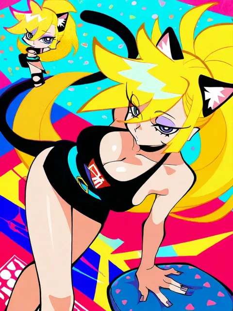 ポップアート風、カラフル、猫の耳と長い尻尾がある色っぽい女性