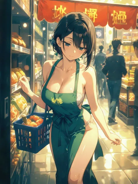 胸元のはだけた和装に前掛けの美女、胸の谷間、買い物かご