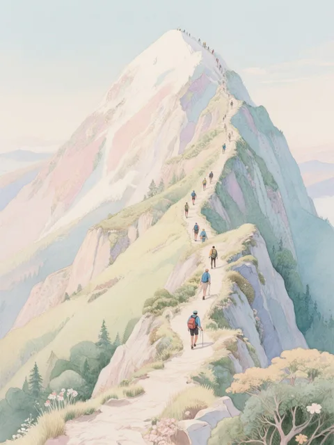 険しい山。頂上に続く道を歩いているひとがいる。