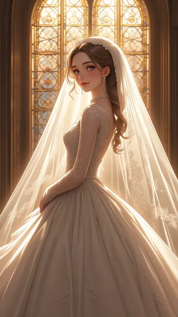 きちんとした服装、長いレースのベールをかぶった花嫁の成年女性
