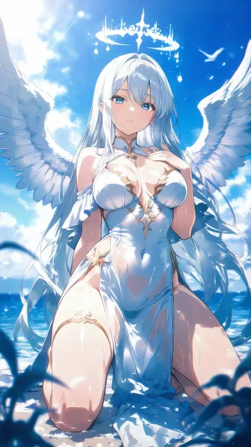 際どい純白の天使衣装と白い翼の美女、胸元を強調 - 舞い降りる天使