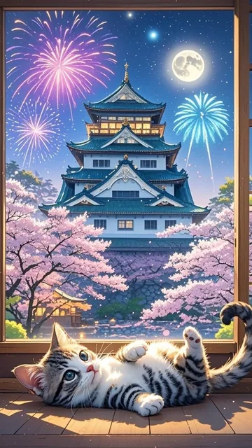 子猫のヘソ天、窓の外は弘前城、桜満開、花火、満月