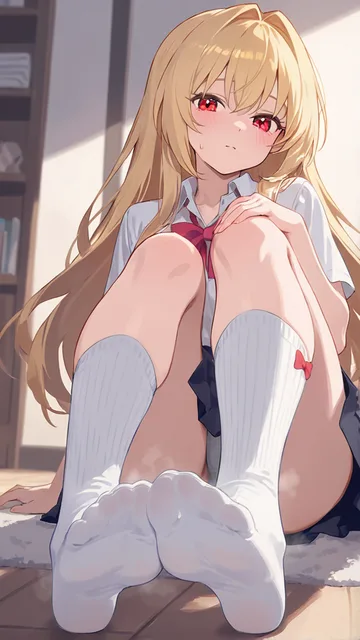 赤い目の金髪美少女が靴下を脱いでその足を嗅がせてくる