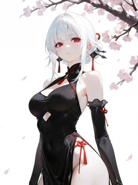 座る少女、白い髪と紅い瞳、黒いチャイナドレス、肘までの手袋