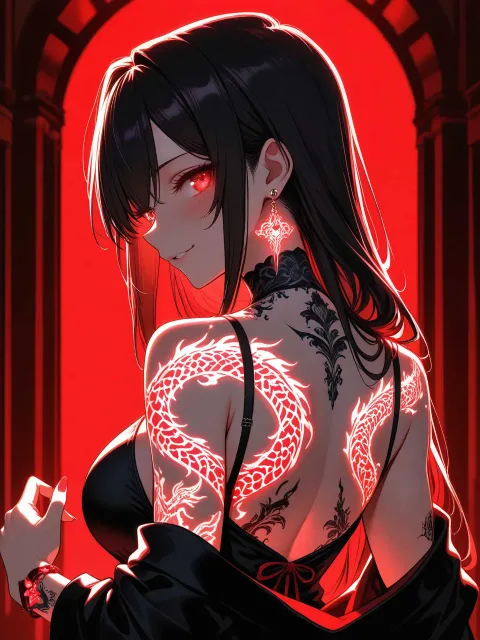 腕と背中に青白く光る龍のタトゥーを入れた成人女性、黒い衣装