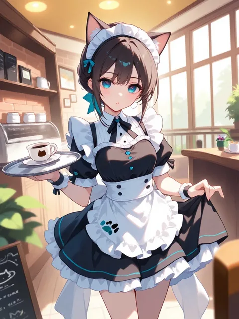 猫耳の美人なメイドさん、20歳の女の子、メイド服、猫カフェ
