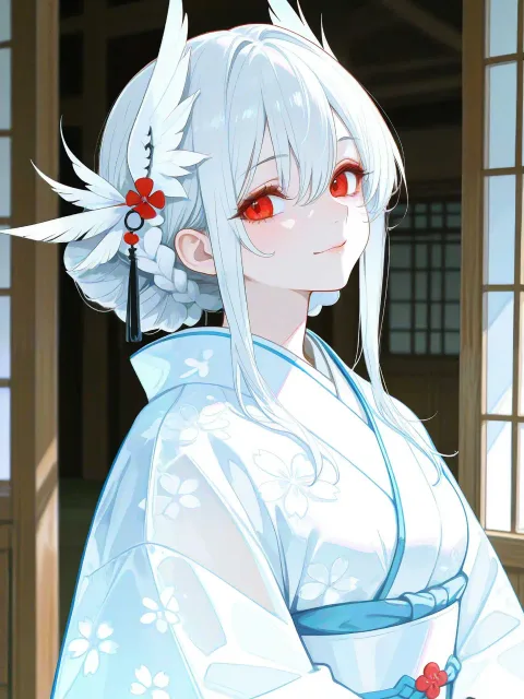 きちんとした服装、白と紅の着物を着た鶴の娘の成年女性 - 鶴の恩返し