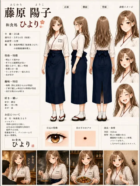 藤原陽子は、和食処ひよりの料理人兼看板娘です。